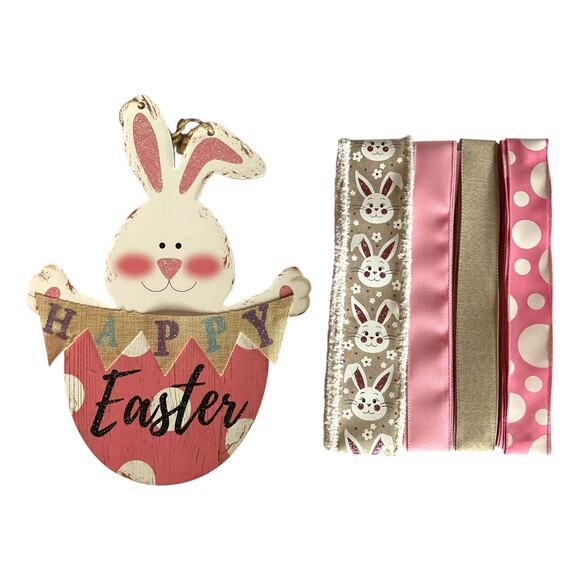 Pink Beige Bunny DIY Easter Wreath Kit, Spring Rabbit Sign & Ribbon Bundle Set - Picture 1 of 5